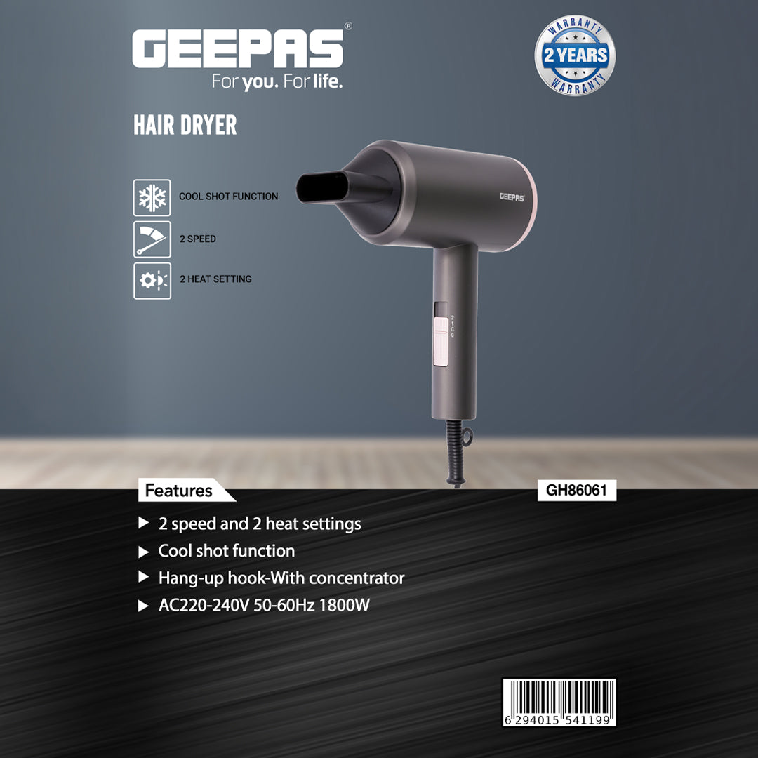 Geepas GH86061 Hair Dryer| 1800W Powerful Motor| 2-Speed & 2-Heat Settings| Cool Shot Function| Concentrator Nozzle| Hang-Up Hook| Compact & Lightweight | 2-Year Warranty