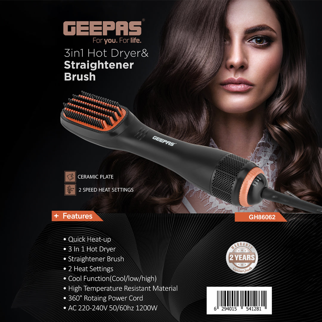 Geepas GH86062 3-in-1 Hot Dryer & Straightener Brush | 1200W Power | Ceramic Plate |Quick Heat-Up | Cool Function | 2 Heat Settings | 360° Cord | 2 Years Warranty