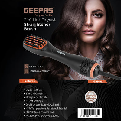 Geepas GH86062 3-in-1 Hot Dryer & Straightener Brush | 1200W Power | Ceramic Plate |Quick Heat-Up | Cool Function | 2 Heat Settings | 360° Cord | 2 Years Warranty