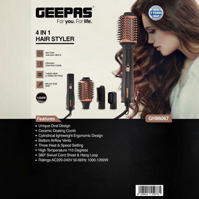 Geepas GH86067 4-in-1 Hair Styler | 1200W Power | Ceramic Coating Comb| 3 Heat & Speed Settings | Oval Design | Bottom Airflow Vents| 360° Swivel Cord|  2-Year Warranty
