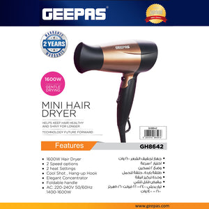 Geepas GH8642 Mini Hair Dryer |1600W Powerful Motor| 2 Speed & 2 Heat Settings| Cool Shot| Foldable Handle| Elegant Concentrator|  Travel Hair Dryer | 2 Years Warranty