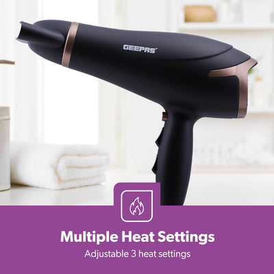 Geepas GH8643 2200W Powerful Hair Dryer - 2-Speed & 3 Temperature Settings | Cool Shot Function For Frizz Free Shine  Detachable Cap- 2 Years Warranty