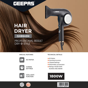 Geepas GH8645 1800W Hair Dryer | DC Motor| 3 Speed Settings| Cool Shot Function| Detachable Concentrator Nozzle| Professional Hair Drying & Styling | 2 Years Warranty