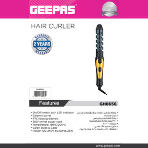 Geepas GH8656 Hair Curler - Auto Curling with Heat Setting 180C-200C | 25W  | Safe Styling Hair with Ceramic Barrel |  360-Degree Swivel Cord | 2 Years Warranty