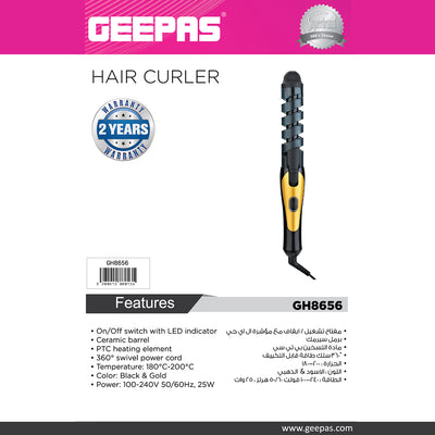 Geepas GH8656 Hair Curler - Auto Curling with Heat Setting 180C-200C | 25W  | Safe Styling Hair with Ceramic Barrel |  360-Degree Swivel Cord | 2 Years Warranty