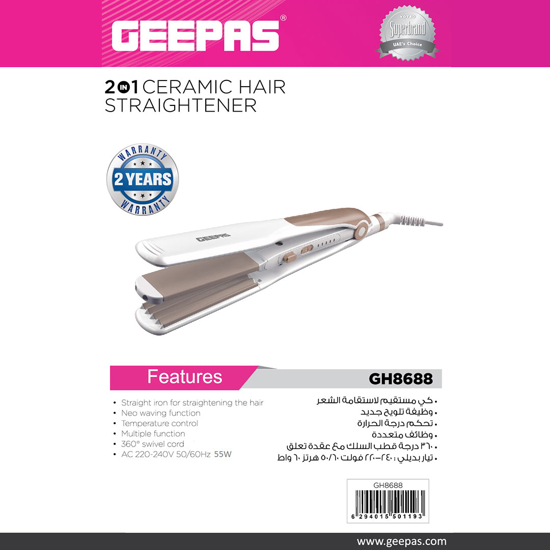 Geepas GH8688 2-in-1 Ceramic Hair Straightener | Straight & Wave Function| Adjustable Temperature Control| 360° Swivel Cord| Dual Function Styling Tool| 2 Years Warranty