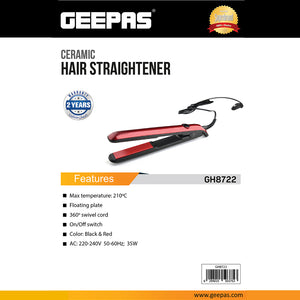 Geepas GH8722 Ceramic Hair Straightener | 210°C Max Temperature| Floating Plate| 360° Swivel Cord| Black & Red Design | Professional Hair Styling Tool| 2 Years Warranty