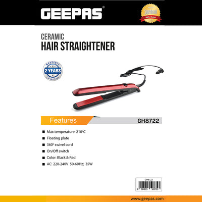 Geepas GH8722 Ceramic Hair Straightener | 210°C Max Temperature| Floating Plate| 360° Swivel Cord| Black & Red Design | Professional Hair Styling Tool| 2 Years Warranty