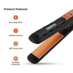 Geepas GH8723 Ceramic Hair Straightener | 210°C Max Temperature| Wet/Dry Function| 360° Swivel Cord| On/Off Switch|  35W Power| Professional Styling| 2 Years Warranty