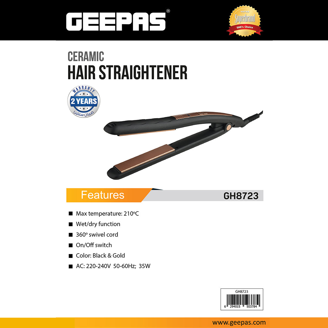 Geepas GH8723 Ceramic Hair Straightener | 210°C Max Temperature| Wet/Dry Function| 360° Swivel Cord| On/Off Switch|  35W Power| Professional Styling| 2 Years Warranty