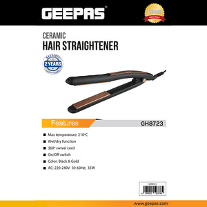 Geepas GH8723 Ceramic Hair Straightener | 210°C Max Temperature| Wet/Dry Function| 360° Swivel Cord| On/Off Switch|  35W Power| Professional Styling| 2 Years Warranty