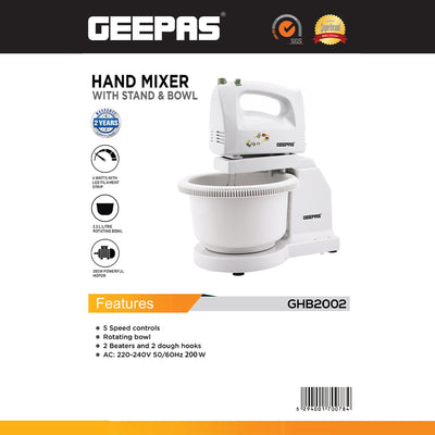 Geepas 200W Hand Mixer with Stand & Bowl | 5 Speed Controls |Detachable Stainless-Steel 2 Beater & 2 Dough Hooks |Ideal for Whipping, Blending & Beating| 2 Years Warranty