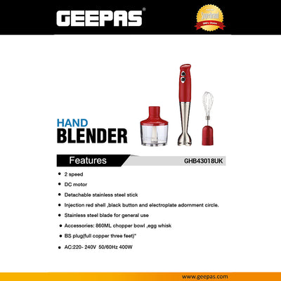Geepas GHB43018UK Hand Blender | 400W DC Motor | 2 Speed Control| Stainless Steel Stick| 860ml Chopper  & Egg Whisk |  Durable & Easy to Clean|  2 Years Warranty