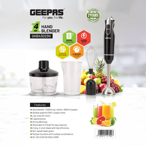 Geepas GHB43023 4-in-1 Hand Blender | 400W | 600ml Cup| 500ml Chopper| Whisk & Detachable Stainless Steel Shaft | 2 Speed Control|  Easy to Clean | 2 Years Warranty