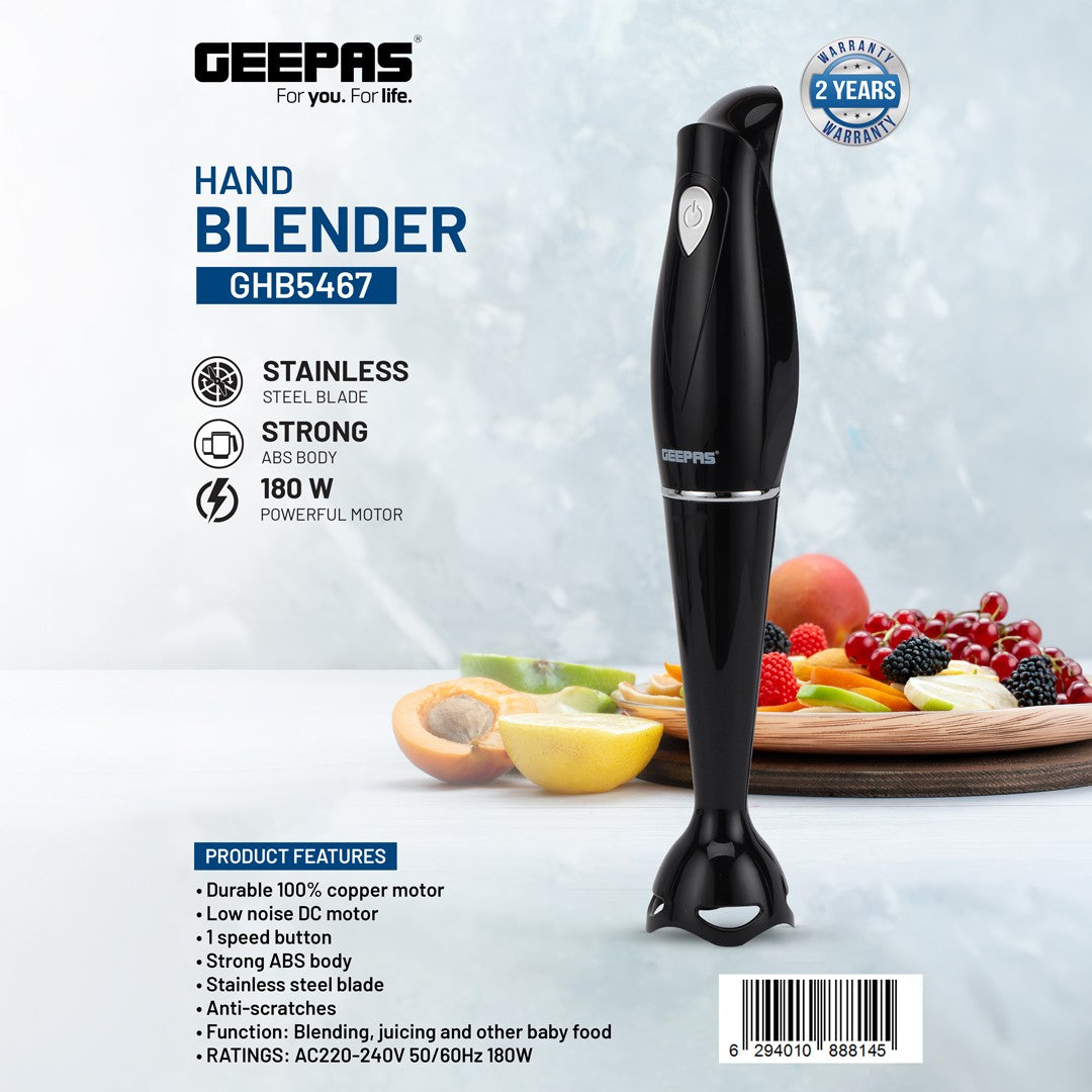 Geepas Hand Blender GHB5467 |180W Copper Motor| Stainless Steel Blade|Strong ABS Body| Low Noise DC Motor| Compact| Durable & Easy-to-Use| Ideal for Smoothies, Shakes Etc