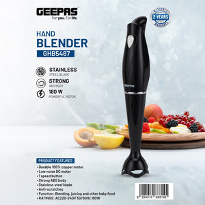 Geepas Hand Blender GHB5467 |180W Copper Motor| Stainless Steel Blade|Strong ABS Body| Low Noise DC Motor| Compact| Durable & Easy-to-Use| Ideal for Smoothies, Shakes Etc
