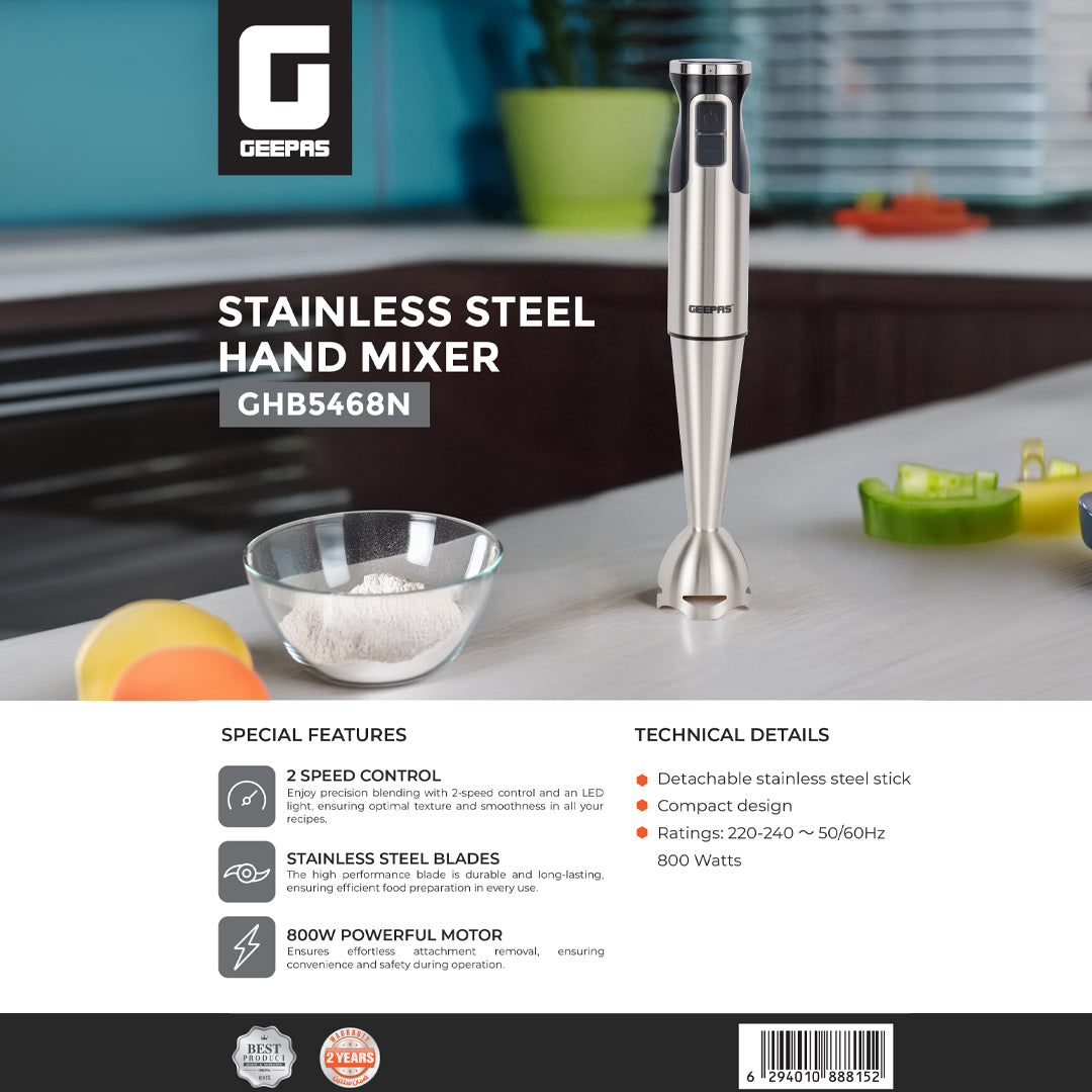 Geepas Stainless Steel Hand Mixer GHB5468 | 800W Powerful Motor| 2 Speed Control with Turbo Function| Stainless Steel Beaters & Dough Hooks| Compact | 2 Years Warranty
