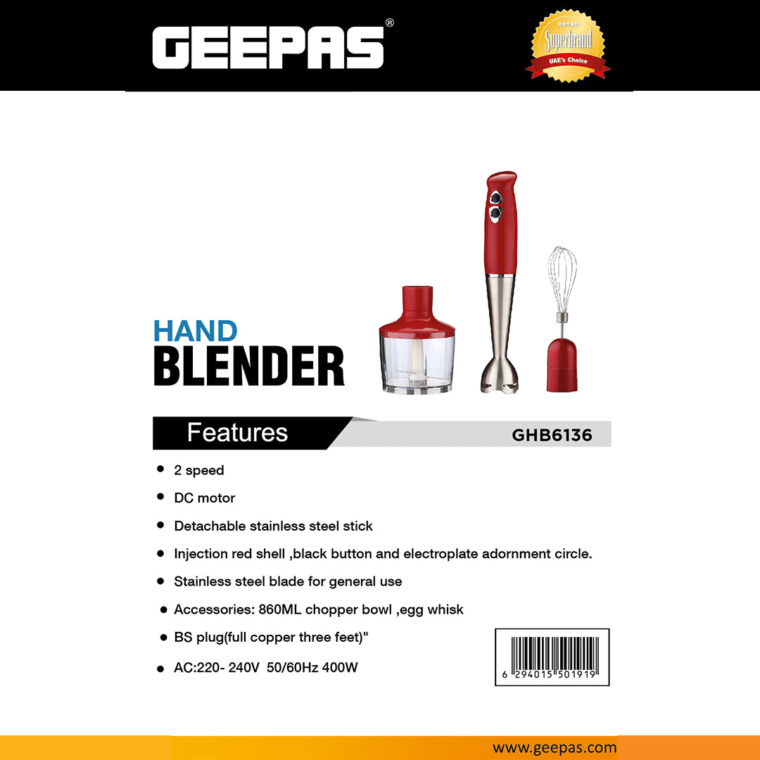 Geepas GHB6136 Hand Blender | 400W DC Motor | 2 Speed Settings | Stainless Steel Stick & Blades | 860ml Chopper Bowl | Egg Whisk | BS Plug | Durable & Easy to Use