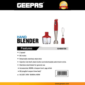 Geepas GHB6136 Hand Blender | 400W DC Motor | 2 Speed Settings | Stainless Steel Stick & Blades | 860ml Chopper Bowl | Egg Whisk | BS Plug | Durable & Easy to Use
