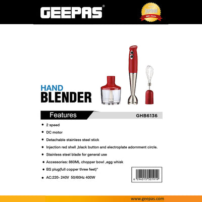Geepas GHB6136 Hand Blender | 400W DC Motor | 2 Speed Settings | Stainless Steel Stick & Blades | 860ml Chopper Bowl | Egg Whisk | BS Plug | Durable & Easy to Use