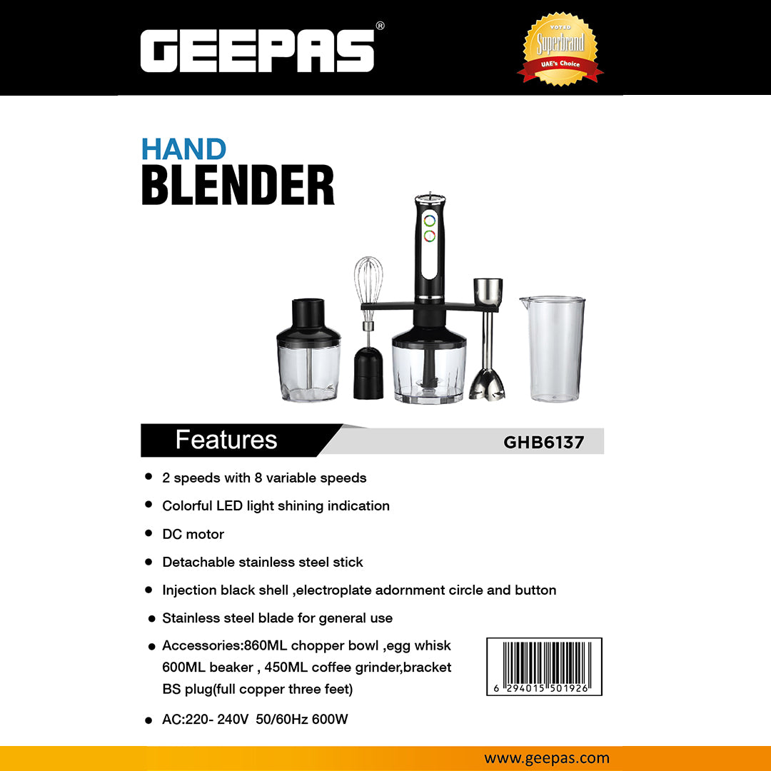 Geepas Hand Blender GHB6137 | 600W| 2 Speeds & 8 Variable Speed Settings| Detachable Stainless Steel Stick & Blade| LED Light Indicator| Chopper, Whisk & Grinder