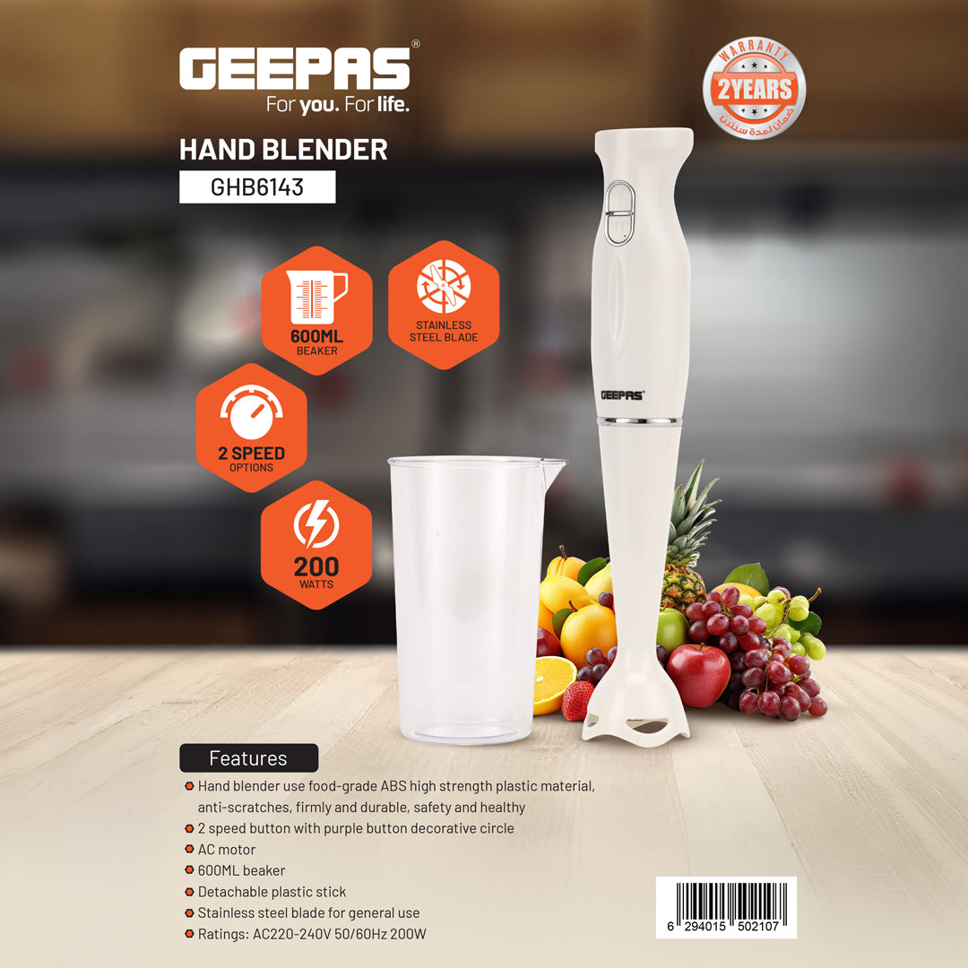 Geepas Hand Blender GHB6143 | 200W Powerful Motor| 2 Speed Control| Stainless Steel Blade| 600ml Beaker|  Durable & Easy to Use Kitchen Appliance| 2 Years Warranty