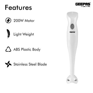 Geepas Hand Blender GHB6144 | 200W| 2-Speed Control| Stainless Steel Blade| Includes Chopper, Whisk & 600ml Beaker| Compact| Durable & Easy-to-Use | 2 Years Warranty