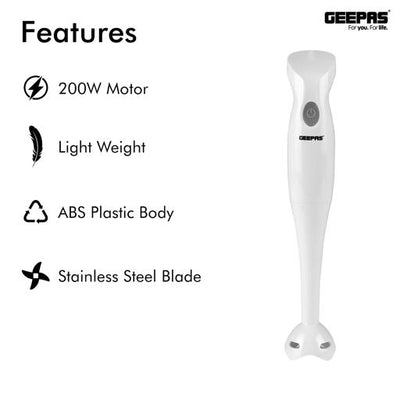 Geepas Hand Blender GHB6144 | 200W| 2-Speed Control| Stainless Steel Blade| Includes Chopper, Whisk & 600ml Beaker| Compact| Durable & Easy-to-Use | 2 Years Warranty