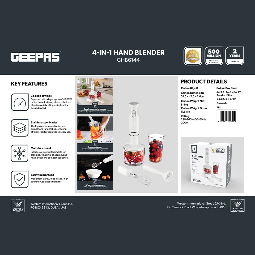 Geepas Hand Blender GHB6144 | 200W| 2-Speed Control| Stainless Steel Blade| Includes Chopper, Whisk & 600ml Beaker| Compact| Durable & Easy-to-Use | 2 Years Warranty