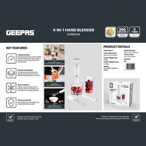 Geepas Hand Blender GHB6144 | 200W| 2-Speed Control| Stainless Steel Blade| Includes Chopper, Whisk & 600ml Beaker| Compact| Durable & Easy-to-Use | 2 Years Warranty