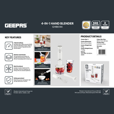 Geepas Hand Blender GHB6144 | 200W| 2-Speed Control| Stainless Steel Blade| Includes Chopper, Whisk & 600ml Beaker| Compact| Durable & Easy-to-Use | 2 Years Warranty