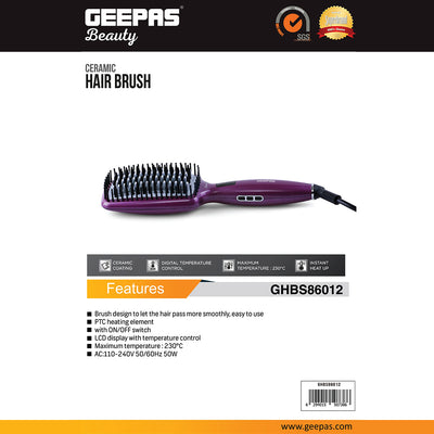 Geepas GHBS86012 Ceramic Hair Brush | LCD Digital Temperature Display | 230°C | 50W | PTC Fast Heating Technology | LCD Digital Temperature Display | 360° Swivel Cord