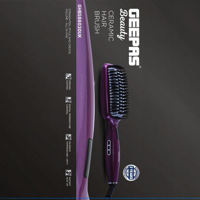 Geepas GHBS86030UK Ceramic Hair Brush | Hair Straightening Brush with LCD Display & 230°C Temperature Control | Instant heat-up | 360° swivel cord | 2-year warranty