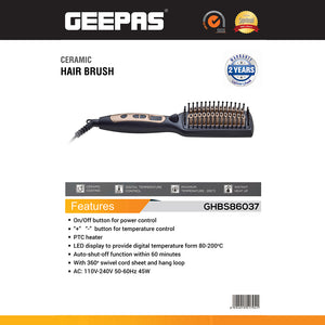 Geepas GHBS86037 Ceramic Hair Brush with Digital Temperature Control | 45W Hair Straightening Brush | Fast PTC heating technology | Instant heat-up | 360° swivel cord