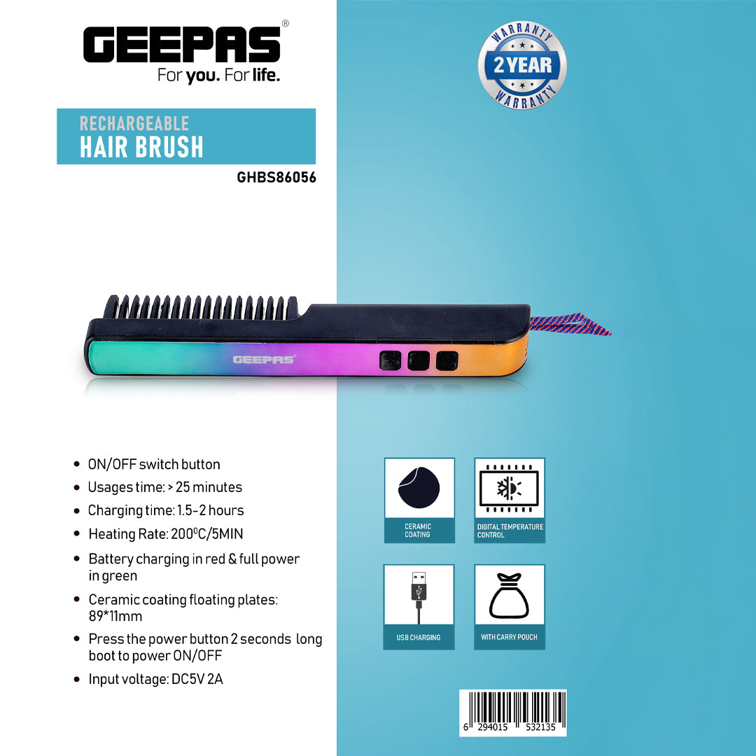Geepas GHBS86056 Rechargeable Hair Brush | Cordless Ceramic Hair Straightening Brush | Ceramic-coated floating plates | Digital temperature control | Fast heating