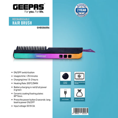 Geepas GHBS86056 Rechargeable Hair Brush | Cordless Ceramic Hair Straightening Brush | Ceramic-coated floating plates | Digital temperature control | Fast heating