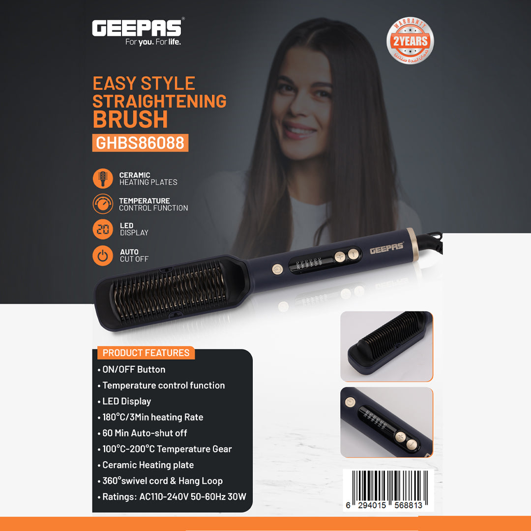 Geepas GHBS86088 Hair Straightening Brush | Smooth Comb Design for Hair & Beard | 100–200°C Temp, LED Display, 360° Swivel Cord | Salon & Home Use | 2 Years Warranty