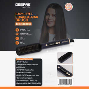 Geepas GHBS86088 Hair Straightening Brush | Smooth Comb Design for Hair & Beard | 100–200°C Temp, LED Display, 360° Swivel Cord | Salon & Home Use | 2 Years Warranty