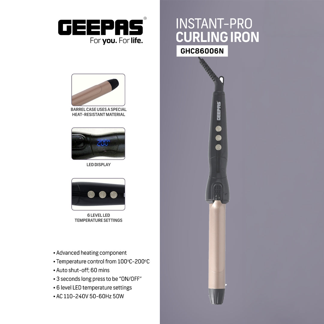 Geepas GHC86006 Instant-Pro Curling Iron | Advanced Heating, LED Display| 6-Level Temperature Control | Heat-Resistant Barrel | Auto Shut-Off | 50W 110–240V Curler