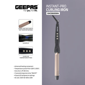 Geepas GHC86006 Instant-Pro Curling Iron | Advanced Heating, LED Display| 6-Level Temperature Control | Heat-Resistant Barrel | Auto Shut-Off | 50W 110–240V Curler