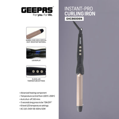 Geepas GHC86006 Instant-Pro Curling Iron | Advanced Heating, LED Display| 6-Level Temperature Control | Heat-Resistant Barrel | Auto Shut-Off | 50W 110–240V Curler