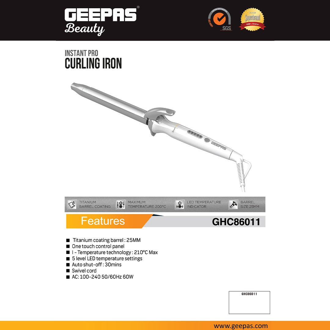 Geepas GHC86011 Instant Pro Curling Iron | Titanium Barrel & LED Temperature Control | Up to 200–210°C maximum temperature | Cool-tip barrel  | 360° swivel cord