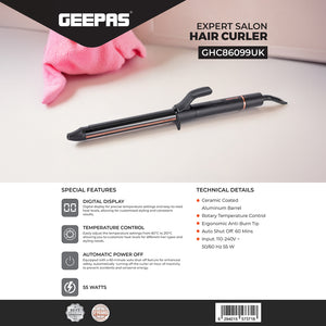 Geepas Expert Salon Hair Curler GHC86099UK | Ceramic-Coated Barrel, Digital Display, Rotary Temp Control, 60-Min Auto Shut-Off, Safe & Professional, 2Year Warranty