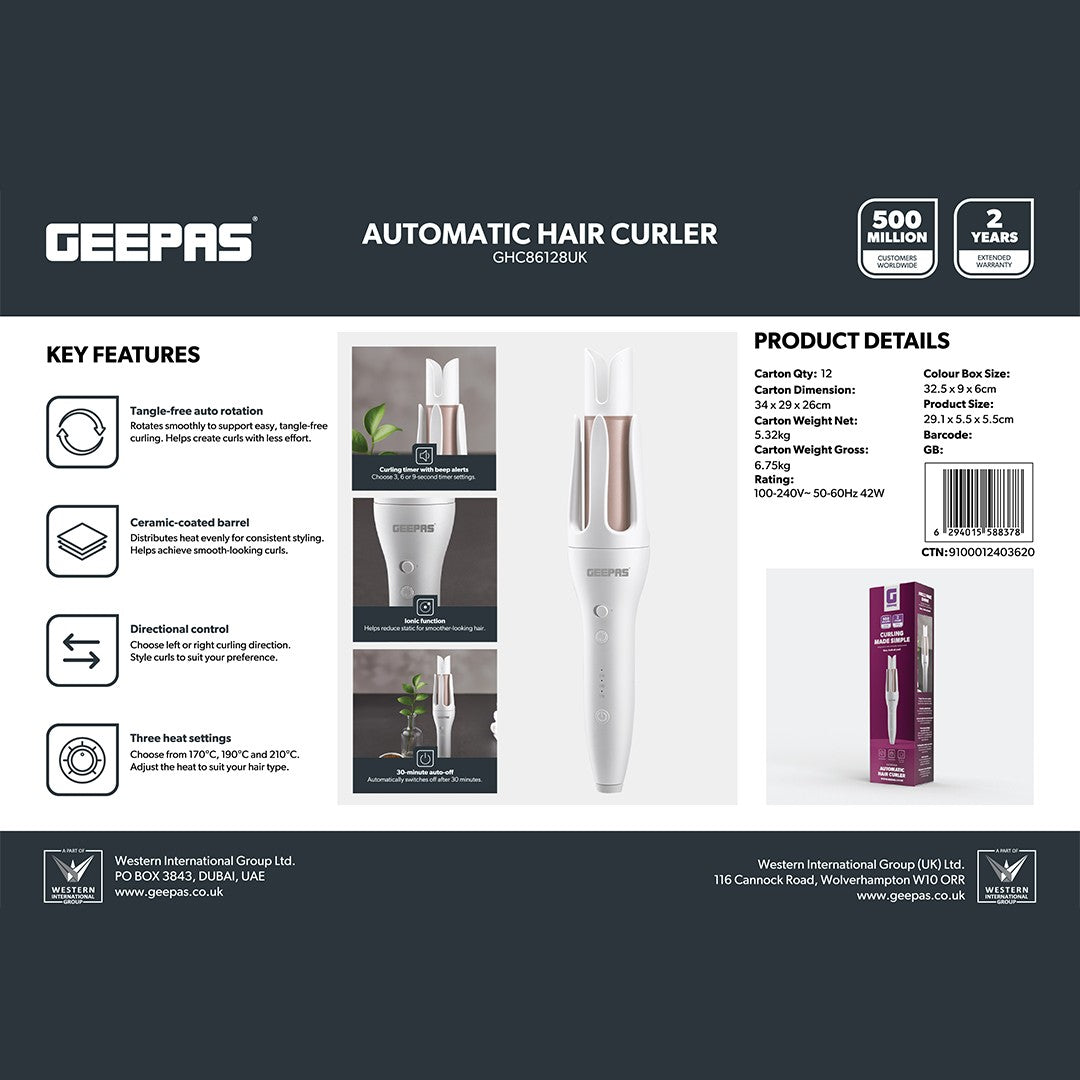 Geepas GHC86128UK Automatic Hair Curler  | Ceramic Barrel, Ionic Function & 3 Heat Settings | Directional Control |  Automatic Shut Off |  Three Curling Timer Options