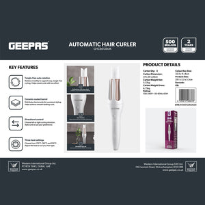 Geepas GHC86128UK Automatic Hair Curler  | Ceramic Barrel, Ionic Function & 3 Heat Settings | Directional Control |  Automatic Shut Off |  Three Curling Timer Options