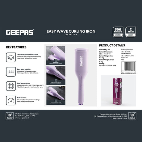 Geepas  GHC86129UK Easy Wave Curling Iron |  36mm | Four Heat Settings | Built-In Timer | Ionic Function | Temperature Lock Function  | 30-Minute Auto Shut-Off |