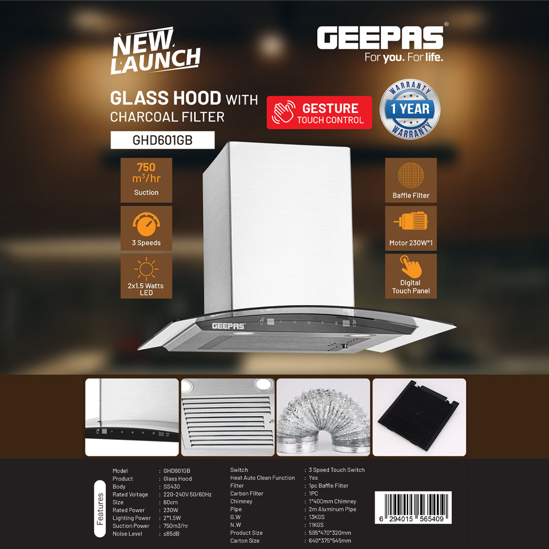 Geepas Glass Hood GHD601GB | 750 m³/hr Suction | Gesture & 3-Speed Touch Control | Baffle + Charcoal Filter | LED Lights | Stylish Glass Finish | 230W | 1 Year Warranty