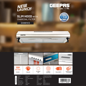 Geepas Slim Hood GHD611CS | 200 m³/hr Suction Power| Efficient Charcoal & Aluminum Filter| 3-Speed Push Button Control| Compact Design| Easy Installation| 1 Year Warranty