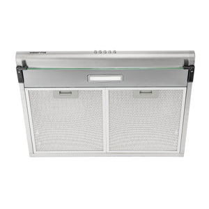 Geepas Slim Hood GHD612MCS with stainless steel finish, 3-speed control, 400 m³/hr suction, LED lighting, and charcoal filters for superior kitchen ventilation.