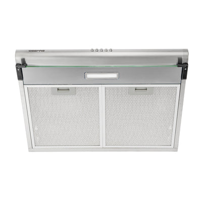 Geepas Slim Hood GHD612MCS with stainless steel finish, 3-speed control, 400 m³/hr suction, LED lighting, and charcoal filters for superior kitchen ventilation.